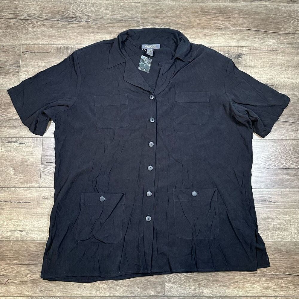 Designs Lane Bryant Women’s Size 22 24 Vintage Button Down Blouse Black Pockets